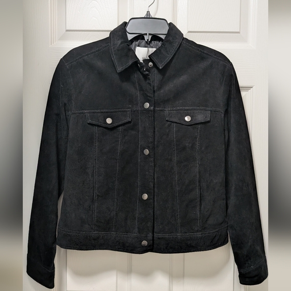 NWT Mango Black Suede Trucker Leather Jacket Size Medium M Pockets Snap - Picture 1 of 6